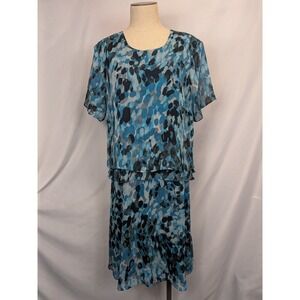 Anthony Richards Dress 16 Blue Abstract Layered Look Faux 2 Piece Modest Midi